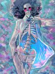  1boy afro alcohol_(alc96vol) alternate_costume black_hair brook_(one_piece) cigarette collared_shirt feet_out_of_frame formal looking_at_viewer male_focus one_piece open_clothes open_shirt painterly ribs shirt skeleton solo suit sunglasses undead 
