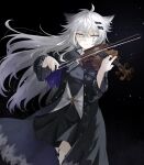  1girl animal_ear_fluff animal_ears arknights black_dress black_jacket black_nails bow_(music) breasts closed_mouth dress floating_hair grey_eyes grey_hair hair_between_eyes hair_ornament hairclip highres holding holding_instrument instrument itonatsu_pino jacket lappland_(arknights) lappland_(refined_horrormare)_(arknights) long_hair long_sleeves nail_polish open_clothes open_jacket small_breasts solo very_long_hair violin wide_sleeves 