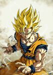  1boy artist_name biceps blonde_hair blue_sash blue_shirt blue_wristband closed_mouth collarbone commentary_request dougi dragon_ball dragon_ball_z electricity energy fighting_stance green_eyes hair_between_eyes highres looking_at_viewer male_focus muscular muscular_male pectorals sash scratches seya_(asasei_718) shirt short_sleeves signature smile smirk solo son_goku spiked_hair standing super_saiyan super_saiyan_1 torn_clothes torn_shirt v-shaped_eyebrows wristband 