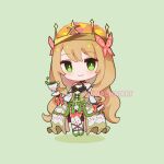  1girl bare_shoulders blonde_hair bow butterfly_hair_ornament celine_(fire_emblem) chibi closed_mouth crown cup dress dress_bow fire_emblem fire_emblem_engage full_body green_bow green_eyes green_footwear hair_ornament highres long_hair looking_at_viewer lunachaili orange_bow smile solo teacup twitter_username very_long_hair wrist_bow 