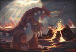  absurdres claws cloud cloudy_sky commentary_request cracked_floor flying groudon highres lava_(arknights) light_rays no_humans pokemon pokemon_(creature) salamence sharp_teeth sky smoke spikes standing teeth wingull zai_(3333333333353pk) 