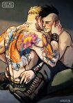  2boys alternate_hairstyle alternate_universe back_tattoo bad_id bad_tumblr_id bara black_hair black_nails blonde_hair blush boots closed_eyes couple cris_art ear_fondling ear_piercing from_side hulkling kiss kissing_cheek legs_apart male_focus marvel mohawk multiple_boys piercing short_hair sitting_between_lap smile sunlight tattoo thick_eyebrows toned toned_male topless_male wiccan yaoi 