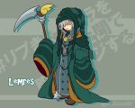  1boy alternate_costume character_name closed_eyes green_headwear grey_hair hair_over_one_eye hana_(mew) hat holding holding_scythe holding_weapon hood lemres_(puyopuyo) open_mouth puyopuyo scythe solo weapon 