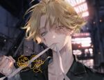  1boy artist_name bandaged_hand bandages black_jacket blonde_hair blood blood_on_face blue_eyes burn_scar closed_mouth collared_jacket funpjinju hand_up indoors inui_seishu jacket looking_at_viewer male_focus mouth_hold portrait scar scar_on_face short_hair solo tokyo_revengers 