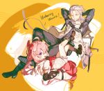  1boy 1girl aalto_(wuthering_waves) anke_(wuthering_waves) belt bloomers boots bow couch dress grey_hair highres jacket looking_at_viewer low_twintails on_couch one_eye_closed pink_hair ponytail purple_eyes ribbon smile twintails underwear wuthering_waves yellow_eyes 