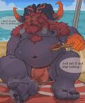  &gt;:( 2_horns 4_fingers 4_toes anthro areola balls balls_outline beach beach_background beach_towel beach_umbrella beard belly belly_folds belly_rolls big_beard big_mustache black_areola black_body black_horn black_nipples black_nose black_skin black_text black_toenails bodily_fluids body_hair bovid bovid_horn bragotiger braided_beard braided_mustache broad_shoulders bulge burly cake candy caprine caprine_horn chest_hair chest_tuft chocolate chocolate_cake chubby_anthro chubby_male clothed clothing curled_horn cutlery dark_areola dark_body dark_horn dark_nipples dark_nose dark_skin dark_toenails deep_navel demigod dessert detailed_background dialogue facial_hair facial_tuft feet fingers food frown fur furrowed_brow genital_outline genitals glowing glowing_eyes grumpy hairy_arms hairy_belly hand_on_ground happy_trail hi_res holding_object holding_spoon horn horn_markings kitchen_utensils league_of_legends looking_at_another looking_at_viewer male mammal manly markings mature_anthro mature_male monotone_areola monotone_beard monotone_body monotone_facial_hair monotone_fur monotone_mustache monotone_nipples monotone_nose monotone_skin moobs multicolored_horn mustache navel nipple_piercing nipples no_pupils no_sclera offering_food offscreen_character open_frown open_mouth ornn_(lol) overweight overweight_anthro overweight_male penis piercing ram_horn red_beard red_body red_eyes red_facial_hair red_fur red_hands red_horn red_mustache riot_games sand sea seaside sharp_horn shoulder_tuft sitting soles solo solo_focus speech_bubble spoon stocky sweat sweaty_arms sweaty_belly sweaty_body sweaty_legs swimming_trunks swimming_trunks_only swimwear talking_to_another talking_to_viewer text toe_curl toes tools topless towel tuft two_tone_horn umbrella water wooden_spoon wrinkled_feet wrinkled_soles 