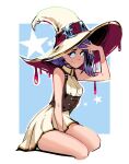  1girl bare_shoulders breasts collarbone dress hat hat_belt highres javehorny navel original pointy_hat purple_hair short_hair simple_background small_breasts solo star_(symbol) thighs witch_hat 
