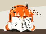  1girl a.i._voice adachi_rei book chibi commentary covered_mouth elbows_on_table furrowed_brow gloves hair_ribbon headlamp headphones holding holding_book instruction_manual jacket no_sclera one_side_up open_book orange_eyes orange_hair radio_antenna reading ribbon solo upper_body utau white_gloves white_jacket white_ribbon yuhshi_(u4) 