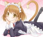  1girl animal_ears apron artist_name ass blush brown_hair cat_ears cat_girl cat_tail frilled_apron frills hands_on_own_cheeks hands_on_own_face head_rest ibuki_ena juliet_sleeves long_sleeves looking_at_viewer lying maid maid_headdress neck_ribbon no_shoes on_stomach original pantyhose parted_lips puffy_sleeves ribbon sleeve_cuffs solo tail yellow_eyes 