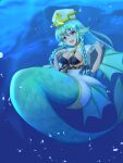  1girl air_bubble aqua_hair blush braid breasts bubble center_opening cleavage clothing_cutout fins green_hair hat head_fins kneeless_mermaid large_breasts long_hair looking_at_viewer mermaid monster_girl monster_girl_encyclopedia open_mouth priestess red_eyes rethnick scales sea_bishop smile solo stone_tablet twin_braids underwater 