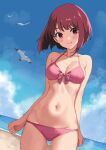  arima_kana bare_arms bare_shoulders beach bikini bird blue_sky blush bob_cut closed_mouth cloud cloudy_sky highres inverted_bob kinomiki looking_at_viewer navel one-piece_swimsuit oshi_no_ko pink_one-piece_swimsuit red_eyes red_hair sand short_hair sky smile solo swimsuit 