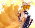 1girl absurdres animal_ears backlighting blonde_hair bloom blue_tabard breasts closed_mouth commentary_request cowboy_shot crossed_bangs dress fox_ears fox_shadow_puppet fox_tail frills hair_between_eyes hand_up hat highres kiritanpo117 light_blush long_sleeves medium_breasts mob_cap multiple_tails short_hair smile solo tabard tail touhou white_dress wide_sleeves yakumo_ran yellow_eyes 