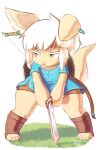  absurd_res ambiguous_gender anthro bow_(weapon) cosplay digital_media_(artwork) fur furgonomic_footwear hair hi_res looking_to_the_side made_in_abyss melee_weapon nanachi nintendo paws pose ranged_weapon shield_on_back simple_background skalelsky solo sword tan_body tan_fur the_legend_of_zelda weapon white_hair yellow_eyes 