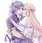  1boy 1girl bandana black_gloves black_jacket blonde_hair blue_eyes breasts celes_chere closed_mouth collarbone commentary_request couple dagger dress earrings eye_contact final_fantasy final_fantasy_brave_exvius final_fantasy_vi gloves grey_hair hair_ornament hand_on_another&#039;s_hip head_scarf high_collar highres jacket jewelry juliet_sleeves knife locke_cole long_hair long_sleeves looking_at_another medium_breasts necklace pan_ff6 parted_bangs popped_collar profile puffy_long_sleeves puffy_sleeves short_hair sidelocks smile weapon weapon_on_back white_background white_dress yellow_eyes 