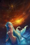  1girl blue_eyes blue_hair breasts collarbone completely_nude fins hair_between_eyes hair_censor hair_over_breasts head_fins highres light_blue_hair long_hair maoh_yueer mermaid monster_girl navel nude original partially_submerged sky solo very_long_hair water wet 