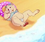  2020 anthro beach bear belly big_belly bikini blue_bikini blue_bow blue_clothing blue_swimwear bow_on_head brown_claws brown_lips brown_nose brown_pawpads camel_toe claws clothed clothing detailed_background female front_view fur grin hi_res high-angle_view holding_torso inflatable inner_tube legs_up lezified lips looking_at_viewer looking_up lying mammal navel neck_tuft nilla_(urbansaint) on_back on_ground one_eye_closed outside overweight overweight_female pawpads pink_eyes plantigrade polka_dots sand seashell seaside seductive shell skimpy smile solo spread_legs spreading swimwear tan_body tan_fur thick_thighs thong_bikini tuft twin_bows water wink winking_at_viewer 