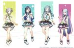  4girls ankle_boots april_fools black_hair blue_eyes blue_hair boots bow bracelet closed_mouth cross_tie full_body gradient_hair green_background grey_hair hair_between_eyes hair_bow happy_synthesizer_(vocaloid) hinomori_shiho hinomori_shizuku idol jewelry layered_skirt lineup long_hair looking_at_viewer miwasiba multicolored_bow multicolored_clothes multicolored_hair multicolored_skirt multiple_girls open_mouth parted_lips project_sekai shiraishi_an shirt siblings sisters skirt sleeveless sleeveless_shirt smile sparkle very_long_hair vest white_footwear white_hair white_shirt white_vest yoisaki_kanade 