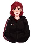  1girl alternate_costume black_eyes black_hoodie commander_shepard commander_shepard_(female) commentary english_commentary freckles hands_in_pockets highres hood hoodie looking_to_the_side mass_effect mass_effect_(series) red_hair signature simple_background solo upper_body vacuumchan white_background 
