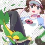  1girl :d black_pantyhose breasts brown_hair checkered_background collarbone commentary_request double_bun doughnut_hair_bun hair_bun hands_up happy highres leaf nemunemu_0826 open_mouth pantyhose pokemon pokemon_(creature) pokemon_(game) pokemon_bw2 raglan_sleeves rosa_(pokemon) shirt shoes shorts smile sneakers snivy teeth tongue upper_teeth_only visor_cap white_headwear yellow_shorts 