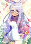  1girl :d animal_ear_fluff animal_ears black-framed_eyewear blue_flower blurry blurry_foreground breasts cleavage commentary_request commission copyright_request depth_of_field dress flower glasses grey_eyes grey_hair hood hood_down kou_hiyoyo long_hair long_sleeves medium_breasts pink_flower rabbit_ears red_flower skeb_commission sleeves_past_fingers sleeves_past_wrists smile solo swept_bangs very_long_hair white_dress white_flower 