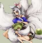  2girls :o alternate_costume animal_ear_fluff animal_ears blush breasts brown_shirt brown_shorts closed_eyes collarbone commentary_request curtained_hair fox_ears fox_girl green_hair grey_hair groin half_updo hand_on_another&#039;s_head highres hugging_another&#039;s_tail hugging_tail kitsune lap_pillow large_breasts long_hair low_ponytail lying midriff_peek multiple_girls multiple_tails natsu_tuna off-shoulder_shirt off_shoulder on_side open_mouth panties pantyshot ponytail purple_shirt seiza shirt short_shorts short_sleeves shorts sidelocks sitting sleeping spaghetti_strap tail touhoku_itako underwear very_long_hair voiceroid voicevox zundamon 
