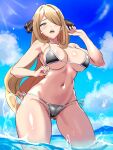  1girl ass_visible_through_thighs bikini black_bikini blue_sky breasts cameltoe cloud cowboy_shot cynthia_(pokemon) damuko_(kxmx4323) day grey_eyes hair_over_one_eye highres large_breasts long_hair navel open_mouth pokemon pokemon_(game) pokemon_dppt sky solo stomach swimsuit thighs very_long_hair wading water 