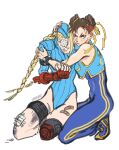  anger_vein bandaid bandaid_on_leg bracelet braid cammy_white chun-li double_bun enerjax gauntlets gauze_on_knee gauze_over_eye hair_bun highres jewelry shoes street_fighter twin_braids 