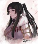  1girl alternate_costume black_eyes black_hair cm_lynarc falling_leaves fire_emblem fire_emblem_awakening fur_collar headband japanese_clothes leaf long_hair looking_at_viewer ponytail portrait say&#039;ri_(fire_emblem) shoulder_guard sidelocks signature smile solo_focus upper_body white_background 