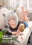  1girl absurdres ahoge andy2465 animal_ears barefoot blue_eyes blush couch english_text feet feet_up food fox_ears grin highres holding holding_food hololive looking_at_viewer lying on_couch on_stomach shirakami_fubuki smile soles solo the_pose toes virtual_youtuber white_hair 