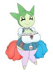  anthro big_breasts bottomwear breasts clothing eyelashes eyes_closed female flower generation_3_pokemon green_body hi_res huge_breasts legwear neckwear nintendo overalls petals plant pokeball pokemon pokemon_(species) roselia shirt simple_background skirt smile solo stockings topwear urusee584 white_background 