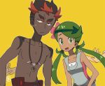  1boy 1girl 2others blush collarbone commentary_request dark-skinned_female dark-skinned_male dark_skin flower green_eyes green_hair hair_flower hair_ornament kiawe_(pokemon) looking_at_viewer mallow_(pokemon) masso_n multicolored_hair multiple_others open_mouth outline pokemon pokemon_(game) pokemon_sm pushing red_hair sweat topless_male two-tone_hair v-shaped_eyebrows white_outline yellow_background 