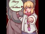  1boy 1girl ahoge artoria_pendragon_(fate) black_background blonde_hair blush christmas coat commentary_request condom da_ba dark-skinned_male dark_skin dress english_commentary english_text fate/stay_night fate_(series) fur-trimmed_coat fur_trim green_eyes heart highres holding holding_condom hood jewelry long_sleeves looking_at_viewer netorare red_background ring saber smile speech_bubble steaming_body used_condom wedding_dress wedding_ring white_coat 