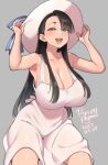  1girl :d adjusting_clothes adjusting_headwear agawa_ryou arms_up artist_name bare_arms bare_shoulders black_hair blue_eyes blush breasts cleavage collarbone commentary curvy dated dress english_commentary grey_background hair_behind_ear half-closed_eyes hat large_breasts long_hair looking_at_viewer narrow_waist original sleeveless sleeveless_dress smile solo straight_hair sun_hat sundress swept_bangs teeth thick_thighs thighs upper_teeth_only white_dress white_headwear 
