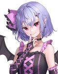  1girl alternate_costume bare_shoulders bat_wings blue_hair breasts choker collarbone dress elbow_gloves fang fingerless_gloves frilled_dress frills gloves highres looking_at_viewer pointy_ears red_eyes remilia_scarlet shironeko_yuuki simple_background small_breasts smile solo strap touhou white_background wings 