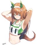  1girl absurdres animal_ears armpits arms_up blunt_bangs ear_covers green_eyes hairband highres horse_ears horse_girl horse_tail long_hair looking_at_viewer navel orange_hair silence_suzuka_(umamusume) solo sports_bikini stomach tail track_uniform umamusume upper_body white_background yossui 