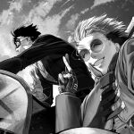  2boys cloud crossed_fingers driving earrings floating_hair gloves goggles greyscale hand_up highres jacket jewelry light_particles long_sleeves meryl_stryfe mole mole_under_eye monochrome motor_vehicle multicolored_hair multiple_boys partially_fingerless_gloves round_eyewear sky smile sunglasses trigun trigunzf two-tone_hair vash_the_stampede wind 