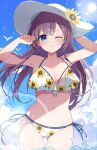 1girl ass_visible_through_thighs bikini blue_eyes blue_sky breasts brown_hair cleavage cloud commentary_request cowboy_shot day floral_print flower frilled_bikini frills groin hat hat_flower highres large_breasts long_hair looking_at_viewer marine_day mochigome_(ununquadium) one_eye_closed original outdoors side-tie_bikini_bottom sky solo sun sun_hat sunflower swimsuit water white_bikini white_headwear 