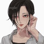  1boy androgynous bishounen black_eyes black_hair closed_mouth collared_shirt commission earrings hair_over_one_eye hand_up highres jewelry kagoya1219 long_sleeves looking_at_viewer male_focus open_clothes open_shirt original portrait sample_watermark shirt short_hair simple_background solo watermark white_background white_shirt 