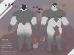  anthro balls bear butt english_text erection eyebrows feet freddyv7205172 genitals giant_panda hi_res humanoid_genitalia humanoid_penis lux_(freddyv7205172) male mammal model_sheet muscular muscular_anthro muscular_male nipples penis pubes solo text 