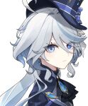  1girl ascot az192837465 black_ascot blue_eyes blue_hair blue_headwear blue_shirt closed_mouth colored_inner_hair expressionless eyelashes furina_(genshin_impact) genshin_impact grey_background grey_hair heterochromia highres long_hair long_sleeves looking_at_viewer multicolored_hair shirt solo teardrop 