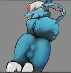  anthro anus armor balls bent_over blackjack_o&#039;hare blue_body blue_fur butt clothing footwear fur genitals grey_background hare headgear helmet lagomorph leporid looking_at_viewer looking_back looking_back_at_viewer male mammal mindkog perineum rear_view simple_background solo tail 
