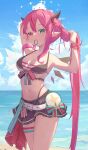  1girl absurdres aqua_eyes armpits asymmetrical_wings beach belt bikini cloud cowboy_shot demon_horns double_halo g-string hair_between_eyes hair_tie hair_tie_in_mouth halo heterochromia highres holding holding_hair hololive hololive_summer_2023_swimsuit horns irys_(hololive) long_hair miniskirt mouth_hold navel pink_eyes pointy_ears ponytail qingyunmengyi ribbon skirt sky solo star_halo star_ornament swimsuit thigh_strap thighs thong very_long_hair virtual_youtuber white_belt wings 