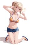  1girl arms_up bikini bikini_top_only blonde_hair blue_shorts bracelet breasts collarbone denim denim_shorts double_v full_body grin high_side_ponytail highres jewelry kneeling large_breasts love_live! love_live!_nijigasaki_high_school_idol_club miyashita_ai navel sandals shamakho short_shorts shorts simple_background smile solo star_(symbol) stomach swimsuit thighs v white_background yellow_eyes 