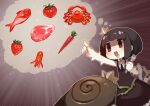  1girl 1other artist_request black_dress black_hair carrot crab crown dress drooling fish food food_art fork fruit holding holding_fork imagining meat mini_crown official_art open_mouth plant pointing red_eyes rose_(rose_to_tasogare_no_kojou) rose_to_tasogare_no_kojou saliva short_hair sparkle steak strawberry tako-san_wiener titan_(rose_to_tasogare_no_kojou) tomato upper_body vines 