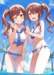  2girls alternate_hairstyle bare_shoulders bikini blue_neckerchief blue_sailor_collar blue_sky blush cloud cloudy_sky collarbone commentary day grin hair_between_eyes hair_ribbon hand_on_own_thigh hand_up hands_on_another&#039;s_shoulders highres idolmaster idolmaster_shiny_colors kurageso leaning_forward long_hair looking_at_viewer midriff multiple_girls navel neckerchief one_eye_closed open_mouth osaki_amana osaki_tenka outdoors palm_tree red_hair ribbon sailor_bikini sailor_collar sailor_swimsuit_(idolmaster) siblings side-tie_bikini_bottom side_ponytail sisters sky smile standing swept_bangs swimsuit teeth tree twins v wading water wet white_bikini yellow_eyes 