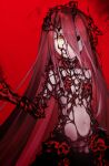  1girl black_eyes breasts closed_mouth fate/grand_order fate_(series) hair_between_eyes heterochromia highres horns long_hair looking_at_viewer navel red_background red_hair small_breasts smile solo typhon_ephemeros_(fate) very_long_hair yellow_eyes yubeshi_(zecxl) 