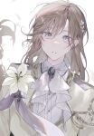  10_io 1boy aiguillette ascot blue_eyes braid brooch brown_hair collared_shirt corsage ear_chain earclip earrings flower gold_trim hair_between_eyes hair_ornament highres jacket jewelry kanae_(16th_costume)_(nijisanji) kanae_(nijisanji) lapels leaf_hair_ornament lily_(flower) long_hair long_sleeves looking_at_viewer low-braided_long_hair male_focus mole mole_under_eye nijisanji official_alternate_costume parted_lips petals sash shirt shoulder_sash single_braid smile solo stud_earrings upper_body virtual_youtuber white_ascot white_background white_flower white_jacket white_lily white_shirt 