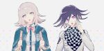  1boy 1girl :o black_scarf blunt_bangs bowknot_huhu breasts checkered_clothes checkered_scarf collared_shirt danganronpa_(series) danganronpa_2:_goodbye_despair danganronpa_v3:_killing_harmony flipped_hair green_jacket green_shirt hand_up highres holding_strap hood jacket long_sleeves looking_at_viewer medium_hair nanami_chiaki neck_ribbon no_hair_ornament oma_kokichi open_clothes open_jacket pink_eyes pink_ribbon ribbon scarf shirt simple_background two-tone_shirt white_background white_jacket white_shirt 