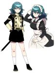  1girl apron black_footwear blue_eyes blue_hair breasts byleth_(female)_(fire_emblem) byleth_(fire_emblem) dede_(qwea_00000) fire_emblem fire_emblem:_three_houses garreg_mach_monastery_uniform hand_on_own_hip highres korean_commentary looking_at_viewer maid maid_apron maid_headdress multiple_views simple_background solo standing sword weapon white_background 