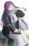  1girl arl black_coat book breasts button_dress coat collar dress fern_(sousou_no_frieren) floating_hair frilled_collar frills hand_on_book highres hood hooded_coat large_breasts long_dress long_hair long_sleeves purple_eyes purple_hair sidelocks sitting sitting_on_tree_stump solo sousou_no_frieren white_dress 